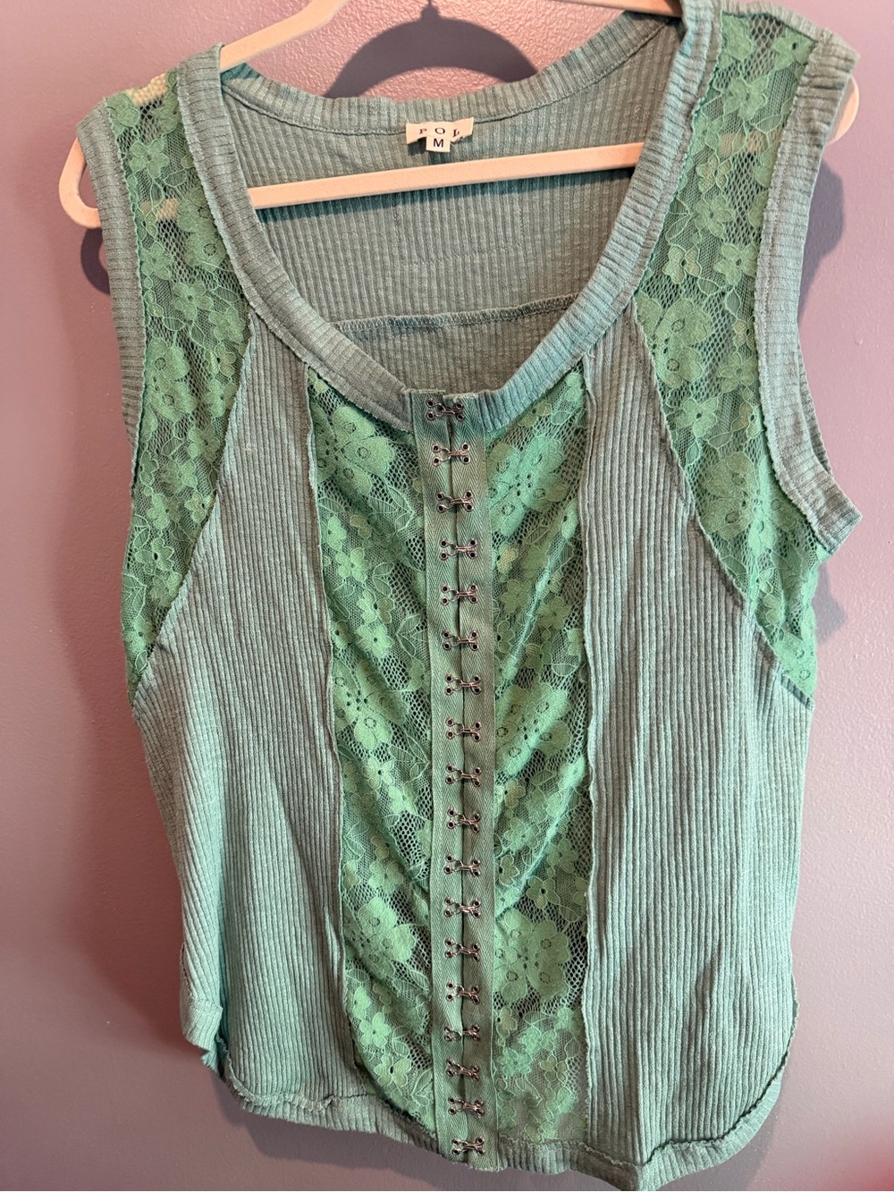 Green Lace-Panel Ribbed Tank Top